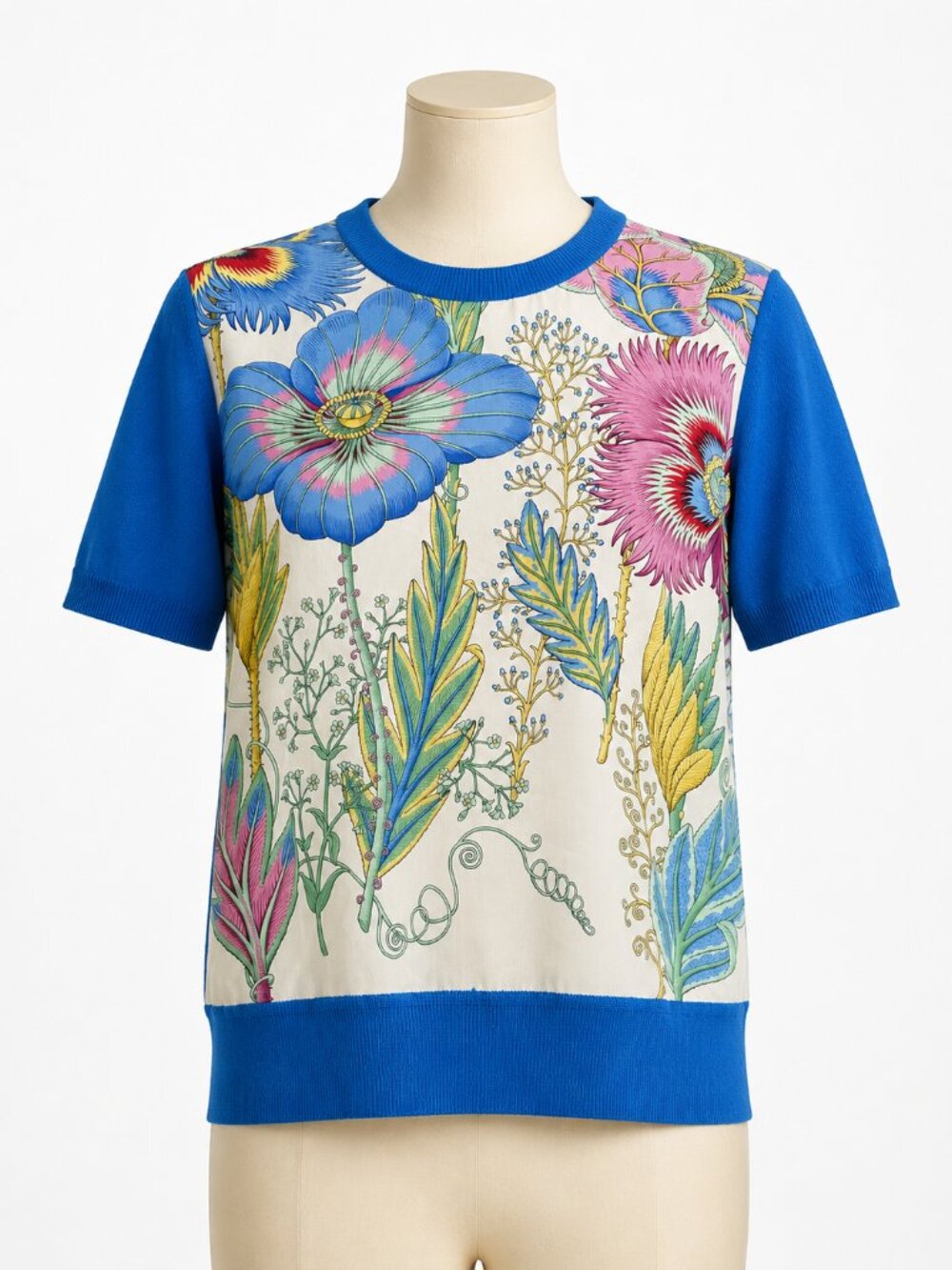 Salvatore Ferragamo Wool Silk Floral Print Short Sleeve Sweater - Size M